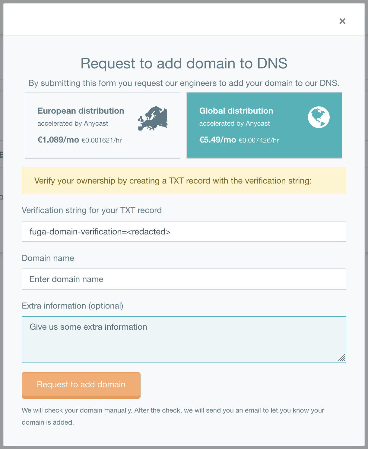 Form to submit a new domain