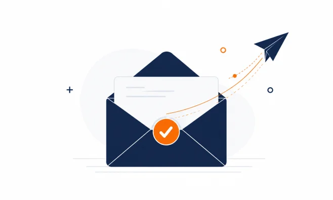 Decorative image: Flat navy and orange illustration of an envelope sending a transactional email, with the Cyso Cloud wordmark